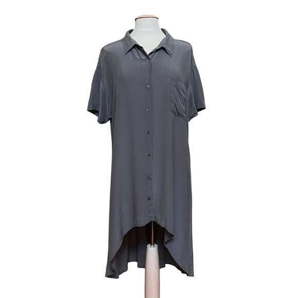 Eileen Fisher Gray Crepe High Low Button Up Dress Tunic 100% Silk Quiet Luxury L - Picture 1 of 9